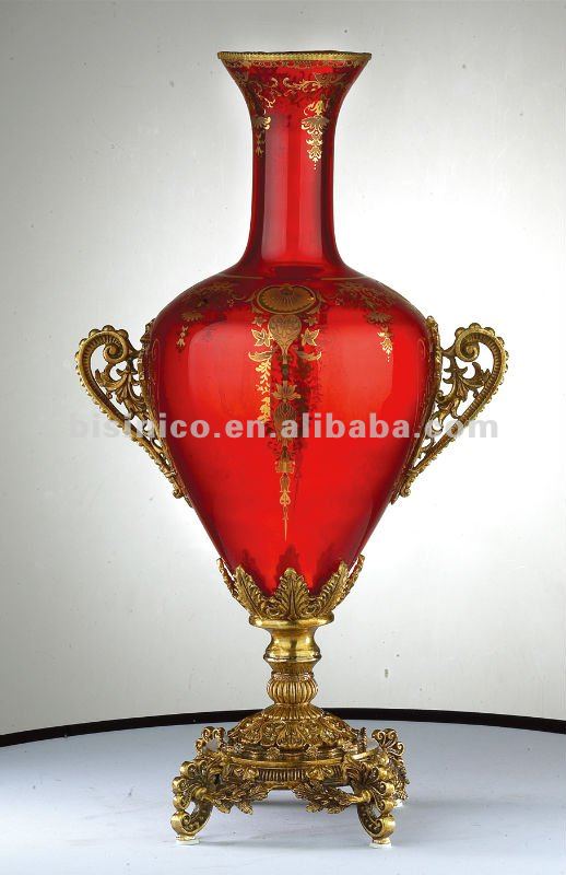 ブロンズ装飾赤い塗装ガラスの花瓶、ガラス絵の花瓶の装飾、家の美術品や工芸品（B50455）問屋・仕入れ・卸・卸売り