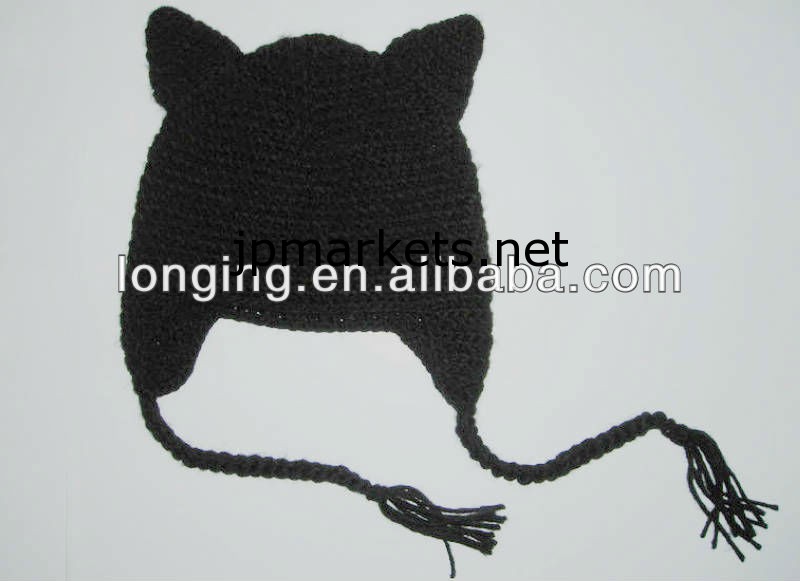 猫のデザインの子供のためのかぎ針編み耳覆い帽子、、純粋な手作り問屋・仕入れ・卸・卸売り