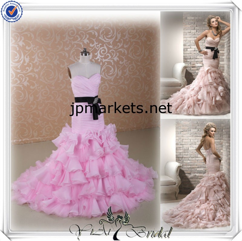 JJ3037新オーガンザブラックサッシュマーメイドピンクの花嫁のウェディングドレス2013問屋・仕入れ・卸・卸売り