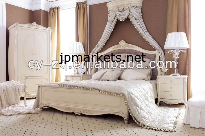 ロマンチックな王女クイーンまたはキングサイズホワイトカラーは木製の寝室の家具セット、手彫りのバラ問屋・仕入れ・卸・卸売り