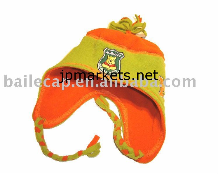 フリース、サイズ：56センチメートル、色：刺繍、材料を持つ子供の帽子、緑＆オレンジ..問屋・仕入れ・卸・卸売り