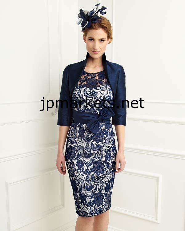 2014花嫁のレースのドレスの母の夕方にはジャケットハーフスリーブの膝丈シースちょう結びの母ドレス問屋・仕入れ・卸・卸売り
