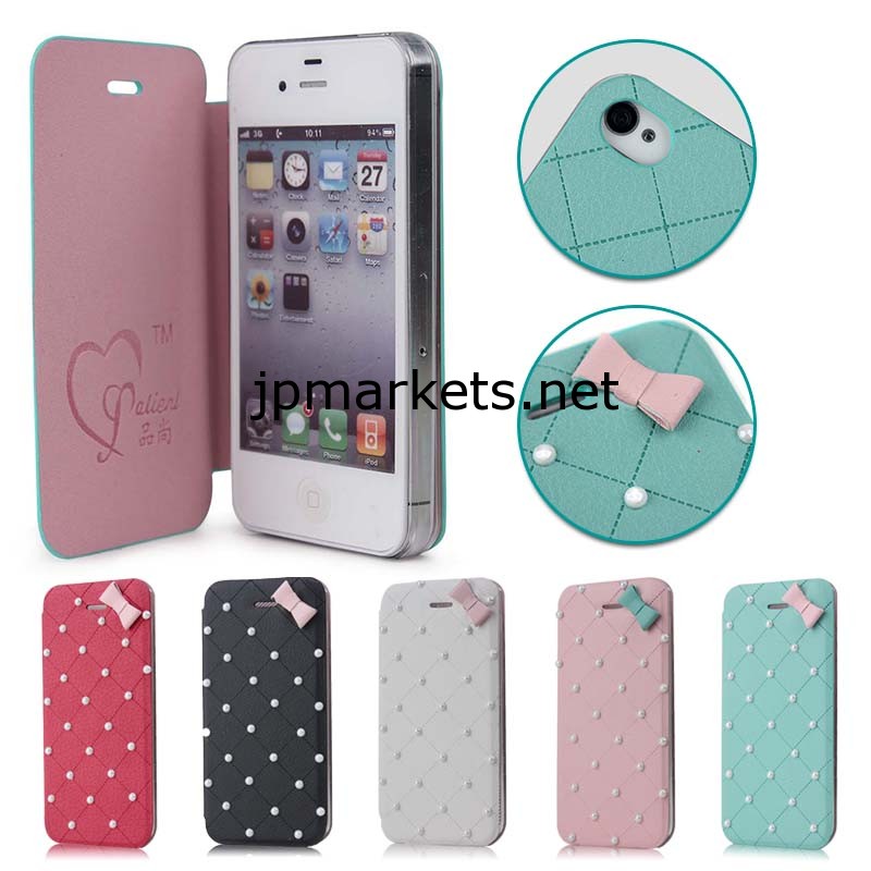 かわいい付きフリップレザーケースiphone用4/4s真珠問屋・仕入れ・卸・卸売り