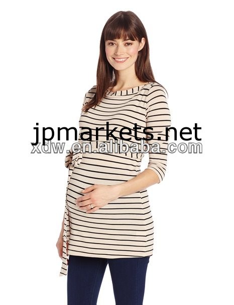 出産と授乳用のシャツ、 #t4018栗色と白のストライプのシャツ問屋・仕入れ・卸・卸売り