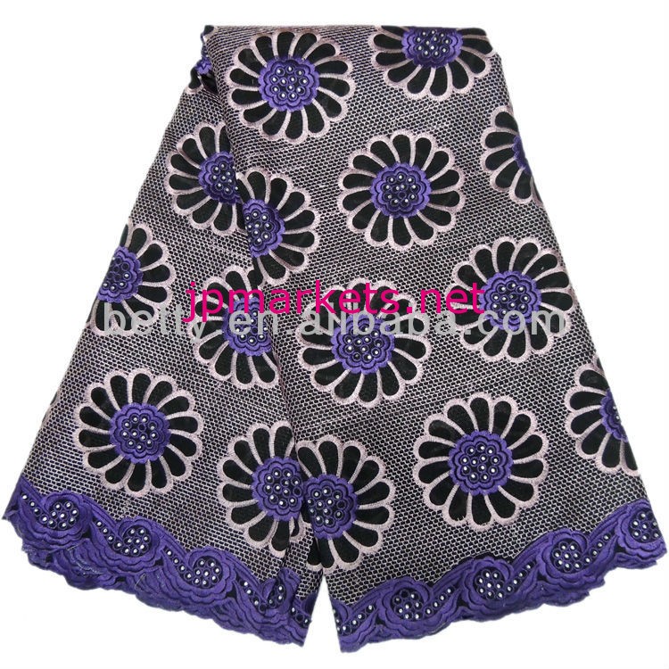 大きな花のデザイン2014年新しい高品質100％純粋な綿の紫アフリカのレースの生地問屋・仕入れ・卸・卸売り