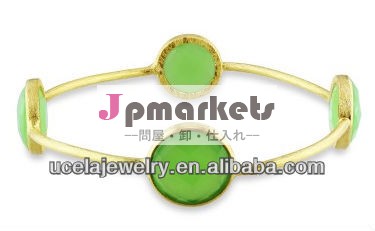 イエローゴールドメッキ22k銀不規則な形状ダブルチェッカーボードグリーンカルセドニーバングル問屋・仕入れ・卸・卸売り