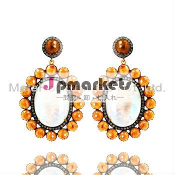 pave diamond gemstone earring, pave diamond garnet & rainbow moonstone earring, supplier wholesale gold earrings問屋・仕入れ・卸・卸売り