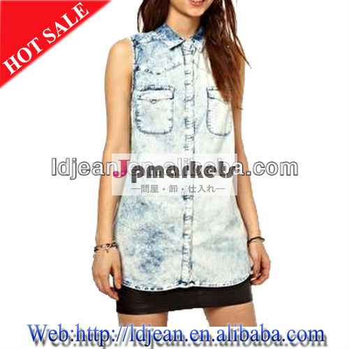 ファッションデザイン2014年ファクトリの衣服ノースリーブのデニムシャツ、 の女の子のジーンズシャツ( lds39)問屋・仕入れ・卸・卸売り