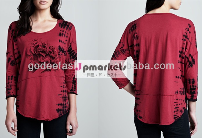 新しいスタイル2014年卸し売り女性の糸染めプリントt- シャツ問屋・仕入れ・卸・卸売り