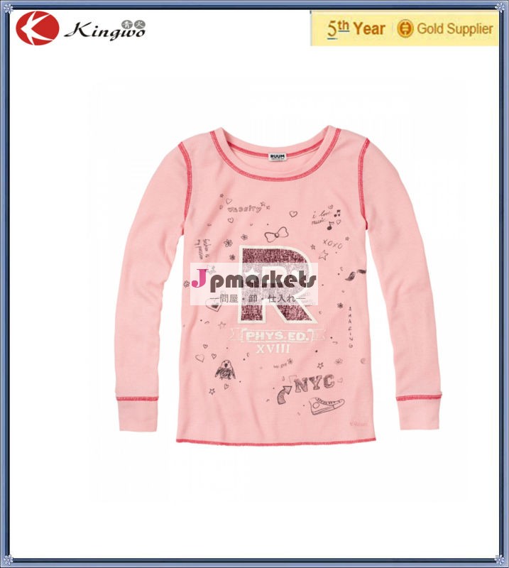 の子供の女の子フラットロック3メートルのプリント長袖ラウンドネックのコットンジャージーtシャツ問屋・仕入れ・卸・卸売り