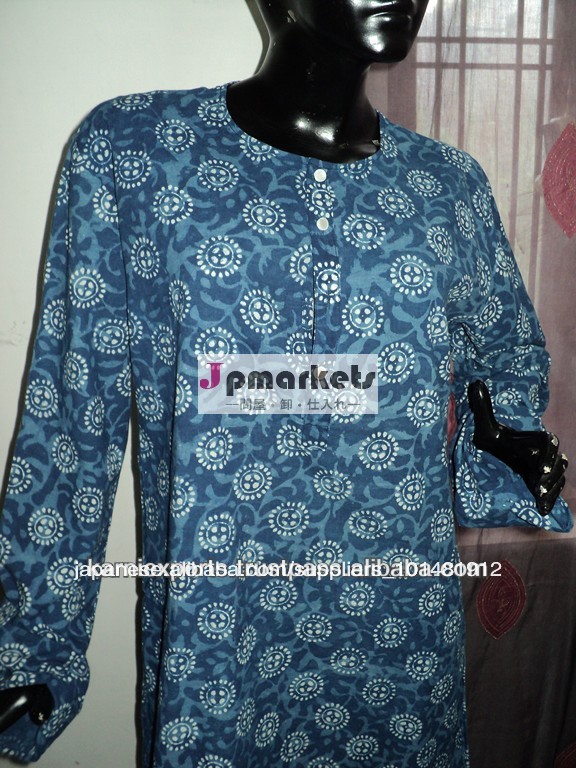 インディゴブルー綿プリントカーティスhandblock/kurtas/長いチュニック西部・インド風チュニック用女性の女の子のカーティス・ジャイプール問屋・仕入れ・卸・卸売り