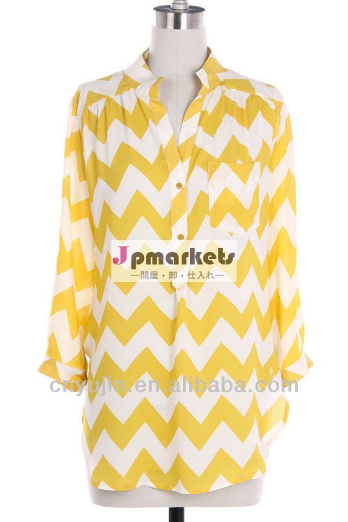 女性黄色シェブロン卸売プリントwithブラウスシャツの襟と半ば袖問屋・仕入れ・卸・卸売り