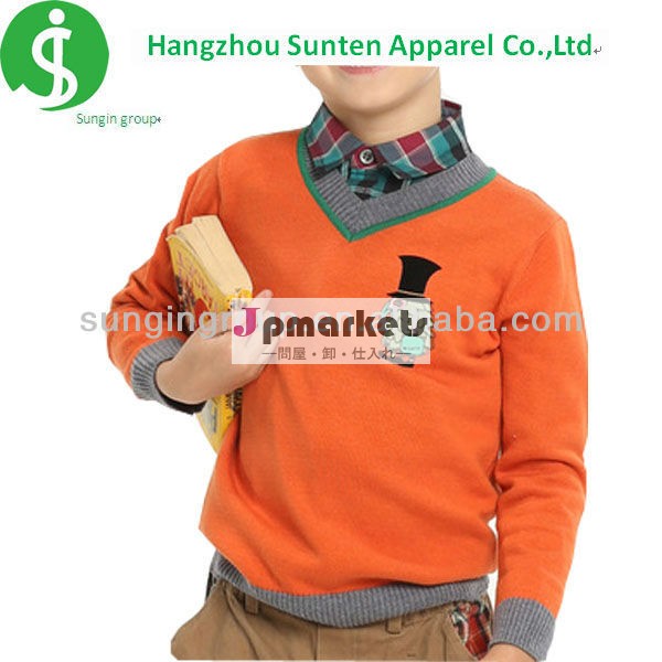 の男の子の長袖v- ネックカラー新ファッションオレンジプルオーバーのセーターを編んだ問屋・仕入れ・卸・卸売り