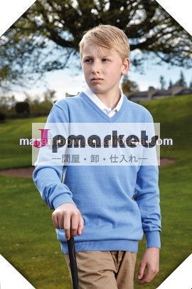 カスタムメイド男の子の綿青プレーンv- 首の長い袖のセーターに刺繍ロゴ入り、 右袖問屋・仕入れ・卸・卸売り