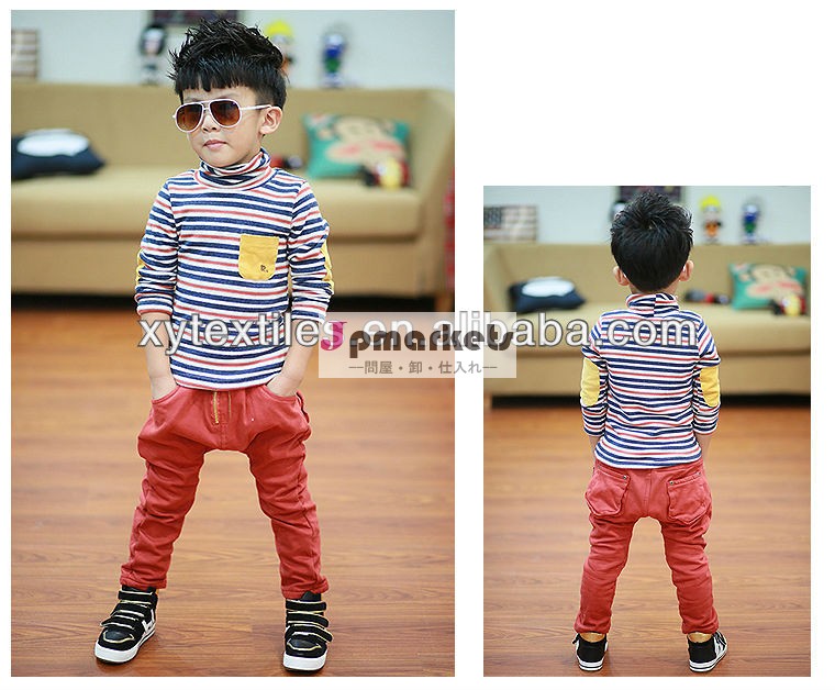 2014年ホットスタイルのキッズ子供服男児ストライプ長い- 長袖プラスベルベットのポケットの手紙男子冬底入れシャツ問屋・仕入れ・卸・卸売り