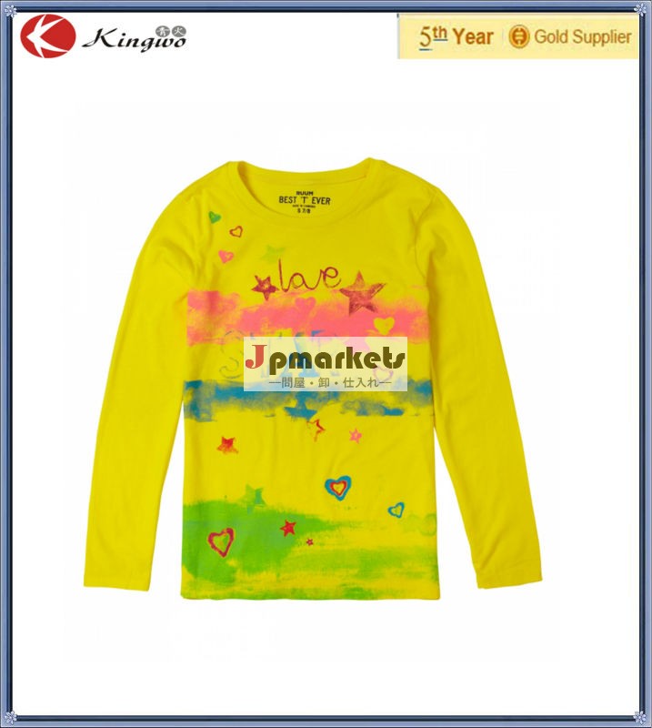 女の子の子黄色の長袖グラフィックtシャツ卸売最新のカスタム問屋・仕入れ・卸・卸売り