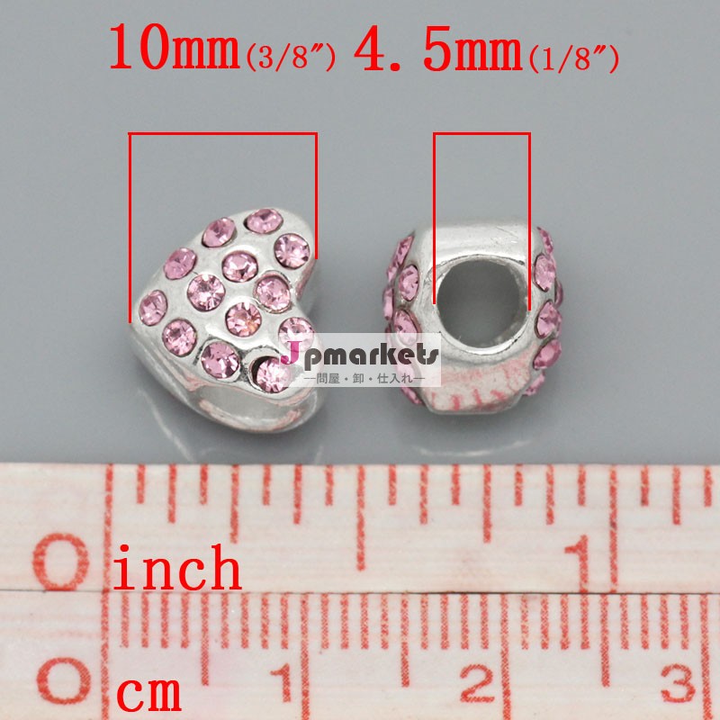 ヨーロッパの魅力の銀メッキビーズハートピンクラインストーン10mmx10mm( 3/8" ×3/8")、 穴: 約: 4.5ミリメートル、 5個、 ファッション問屋・仕入れ・卸・卸売り