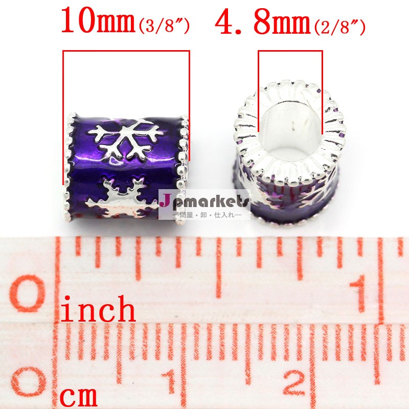 ヨーロッパの魅力のビーズシリンダー/列クリスマススノーフレーク銀メッキエナメルx9mm紫色の10mmの彫刻が施された、 穴: 4.8mm、 10個、 卸売問屋・仕入れ・卸・卸売り
