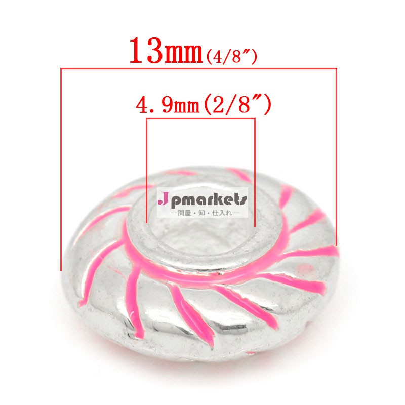 ヨーロッパの魅力のビーズフラットラウンド銀メッキエナメルピンク13mm( 4/8") 径、 穴: 約: 4.9ミリメートル、 10個、 ファッション問屋・仕入れ・卸・卸売り