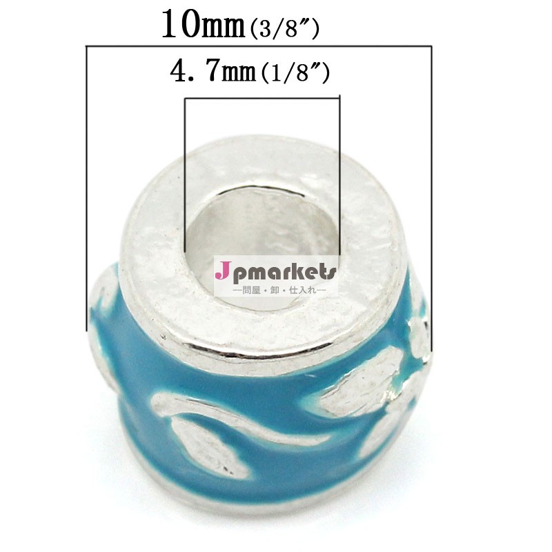 ヨーロッパの魅力のビーズ銀メッキエナメルドラムアクアブルー10mmx9mm花のパターン、 穴: 4.7mmで約、 10個、 卸売問屋・仕入れ・卸・卸売り