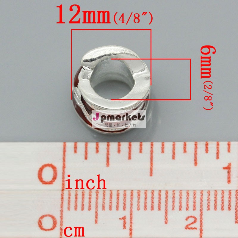 ヨーロッパの魅力のビーズの列/cylinder銀メッキエナメル11x12mm赤のストライプパターン、 穴: 約: 6mm、 20個、 ジュエリー問屋・仕入れ・卸・卸売り