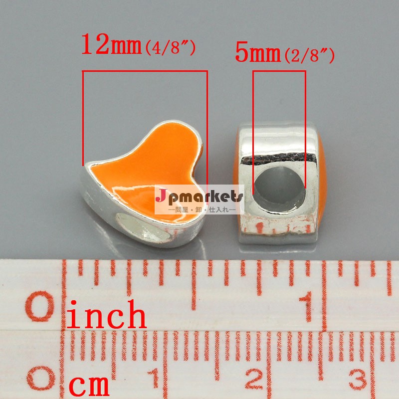 ヨーロッパの魅力のビーズの愛の心銀メッキエナメル12x11mmオレンジ、 穴: 約: 5mm、 10個、 ファッション問屋・仕入れ・卸・卸売り