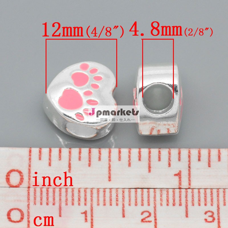 ヨーロッパの魅力のビーズの愛の心銀メッキエナメルピンク12x11mm足パターン、 穴: 約: 4.8mm、 10個、 卸売問屋・仕入れ・卸・卸売り