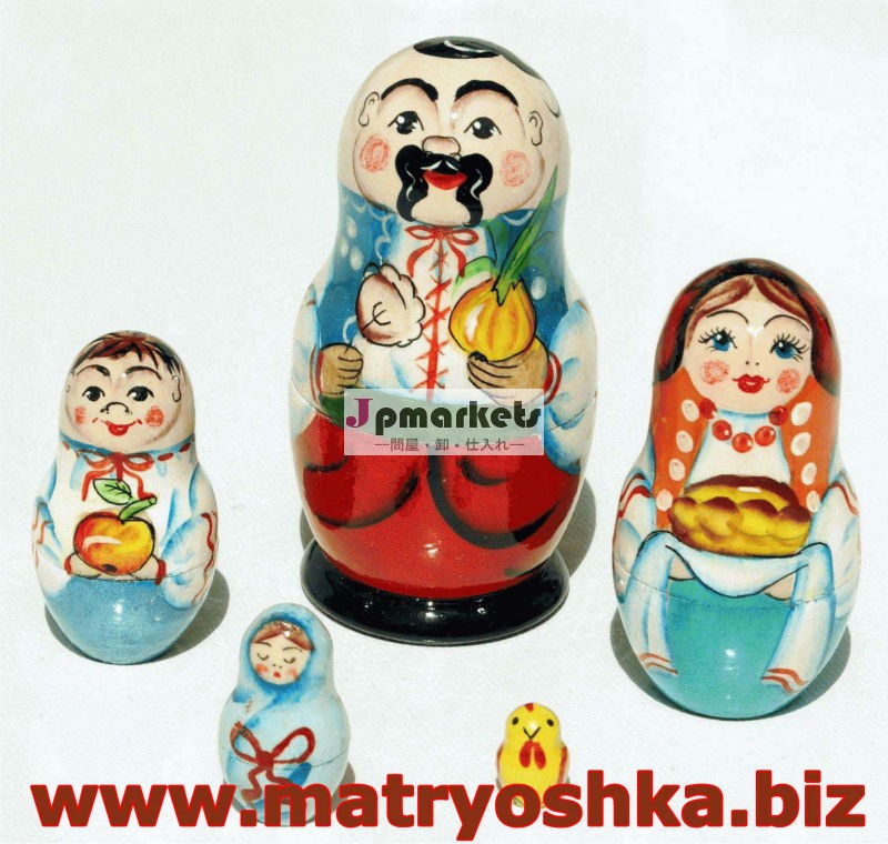 家族のスタイルのマトリョーシカバブーシュカロシアの木製の入れ子人形,団子,玉ねぎとコサック,妻,息子,娘とチキン,手作り問屋・仕入れ・卸・卸売り