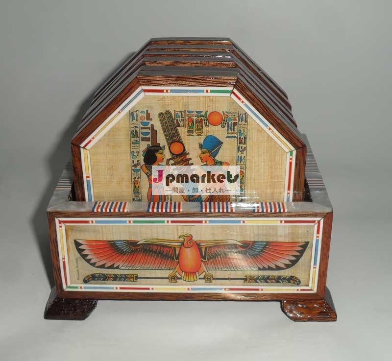 木製のコースターセット、 エジプトのハンドメイド、 木材、 パピルス、 装飾された真珠の母、 6コースター問屋・仕入れ・卸・卸売り