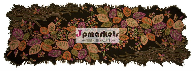 ウール100%ヘビーアリ刺繍リーフデザインブラウン抽象的なスカーフ問屋・仕入れ・卸・卸売り