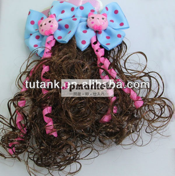 の子のポニーテールのウィッグ茶色波線かつら猫秋ドットの毛の弓クリップヘアピース問屋・仕入れ・卸・卸売り