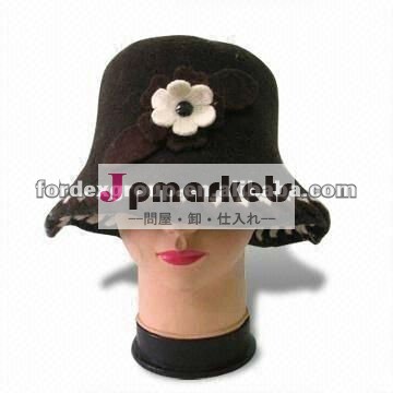 女性100％2014年熱い販売法最も新しいウールのバケット用花付、 ウール100％カスタムフラットファッションフェドーラバケツ帽子問屋・仕入れ・卸・卸売り