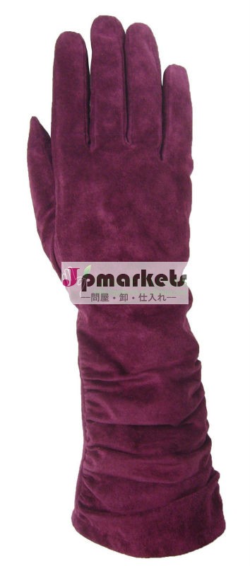 レディスロング手袋紫で豚スエード、 プリーツ付き長い革手袋問屋・仕入れ・卸・卸売り
