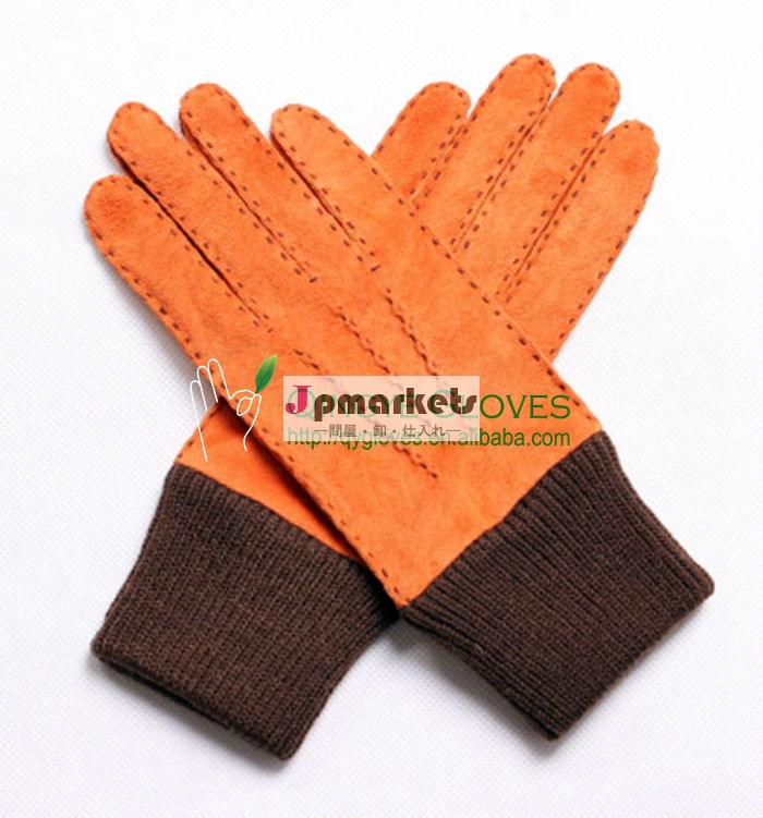 革手袋レディース冬で作られたオレンジ色で豚スエード、 手縫製手袋ニット手首と女性ウォーム問屋・仕入れ・卸・卸売り