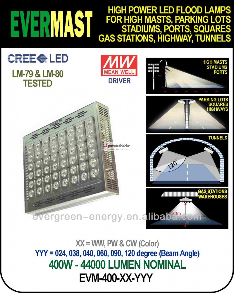 400w、 ハイパワーled洪水ランプの高いマストアプリケーション、 クリー族led、 meanwellドライバ問屋・仕入れ・卸・卸売り