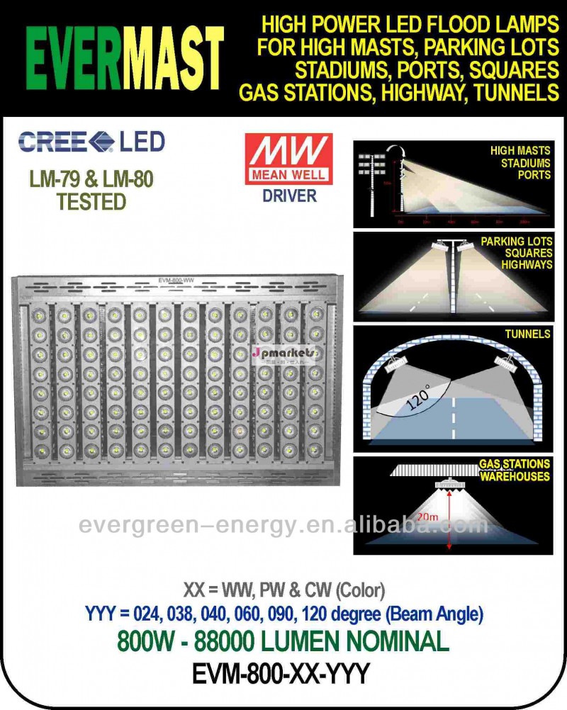 800w、 ハイパワーled洪水ランプの高いマストアプリケーション、 クリー族led、 meanwellドライバ問屋・仕入れ・卸・卸売り