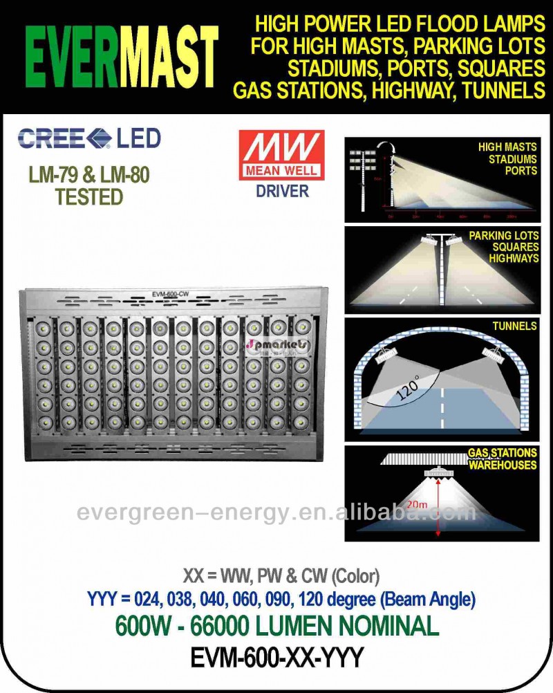 600w、 ハイパワーled洪水ランプの高いマストアプリケーション、 クリー族led、 meanwellドライバ問屋・仕入れ・卸・卸売り