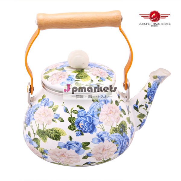 韓国スタイルの完全な1.5lデカールエナメル木製ハンドルに設定された紅茶用のやかん問屋・仕入れ・卸・卸売り