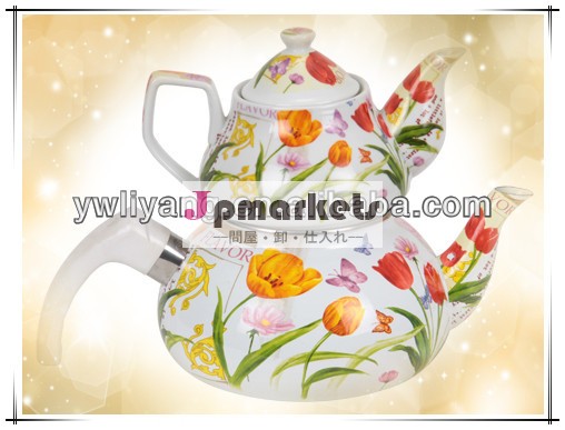 最高の品質耐久性のあるエナメルケトルセット白花飾りのついた2個エナメルケトルセット問屋・仕入れ・卸・卸売り
