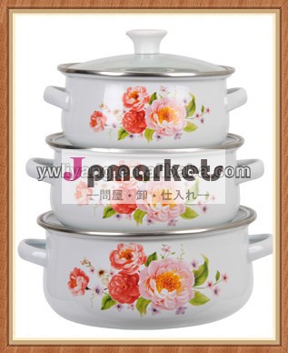 ピンクの花デカールのファイル16-20cmエナメルポット3腹個入りのスープ鍋ガラス蓋つき問屋・仕入れ・卸・卸売り