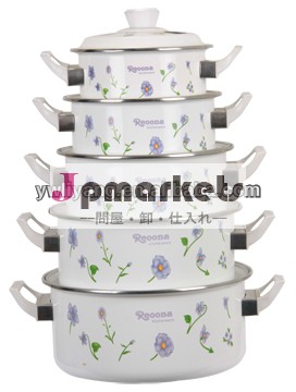 優雅な花の印刷可能なエナメル調理器具鍋セット非- スティックと醤油鍋スープ白ベークライト5個問屋・仕入れ・卸・卸売り