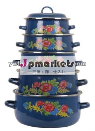 優美なダークブルーフルデカールエナメル調理器具の鍋は、 5個をセットでソースポットエナメル蓋問屋・仕入れ・卸・卸売り
