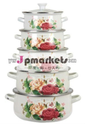 プロモーションエナメルキャセロール5個が花と蝶のガラス蓋付き問屋・仕入れ・卸・卸売り