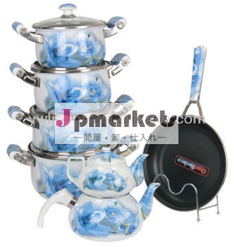 高品質の磁器ハンドル鋳鉄青蘭デカールエナメル非- スティック調理器具のセット問屋・仕入れ・卸・卸売り