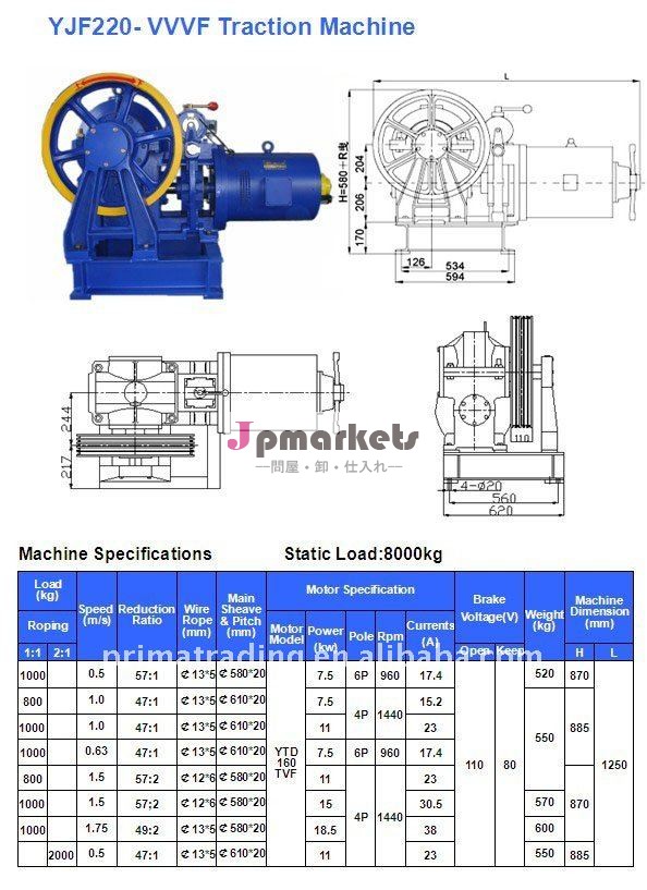 エレベーターモーターVVVF牽引機械YJF220 VVVF (800-2000kg)問屋・仕入れ・卸・卸売り