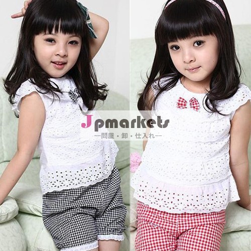 中国新2014年夏のレースの子供服のセットの子供の女の子の服と格子settシャツショーツパンツ幼児2色問屋・仕入れ・卸・卸売り