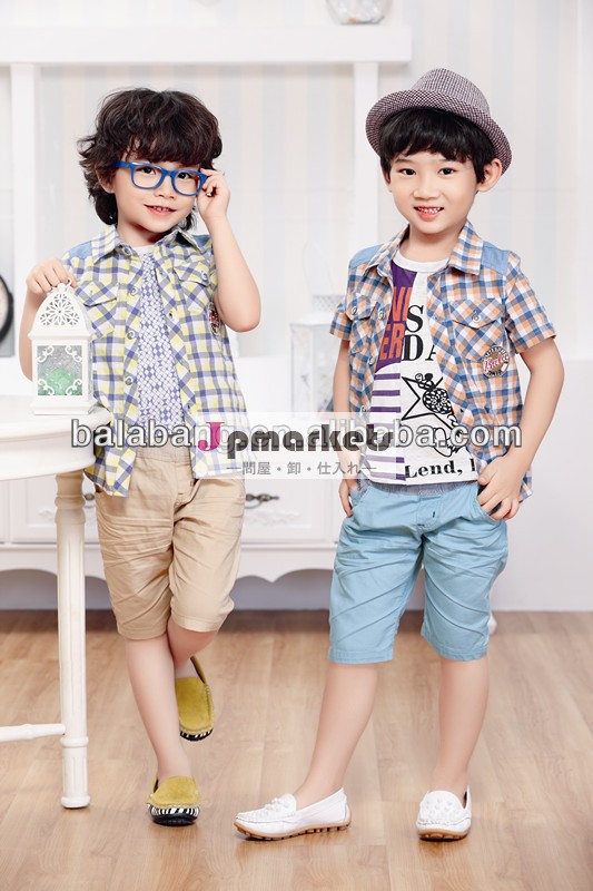 2014年balabang熱い販売のファッション半袖チェック男の子ネックバンドtシャツ問屋・仕入れ・卸・卸売り