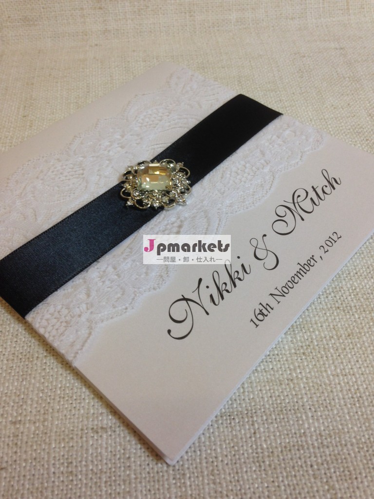 qc095黒と白のレースとリボン結婚式の招待状の宛名紙封筒問屋・仕入れ・卸・卸売り