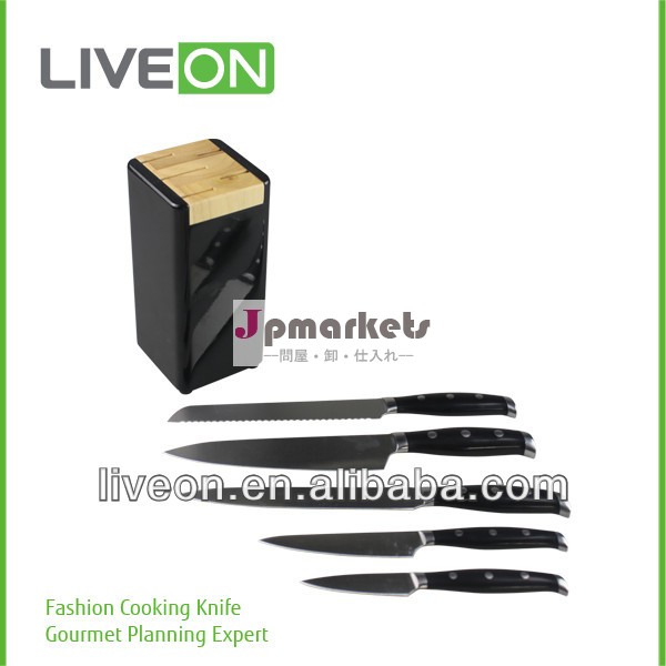 liveon2014年5個のステンレス製の忠誠心ライン付きナイフセットゴムの木のナイフブロック問屋・仕入れ・卸・卸売り
