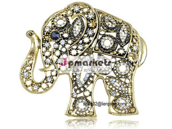 Antique Inspired Golden Indian Rhinestone Embellish Elephant Fashion Pin Brooch(B1348)問屋・仕入れ・卸・卸売り